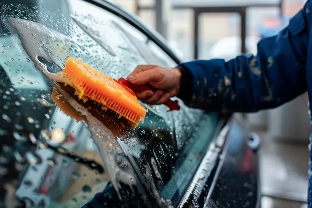 A person in blue cleaning the windshield of their car with an orange spongy