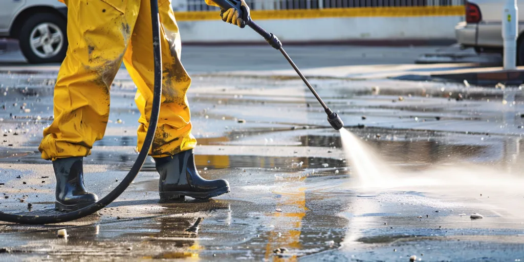 A person in yellow coveralls and boots is using an industrial pressure washing machine