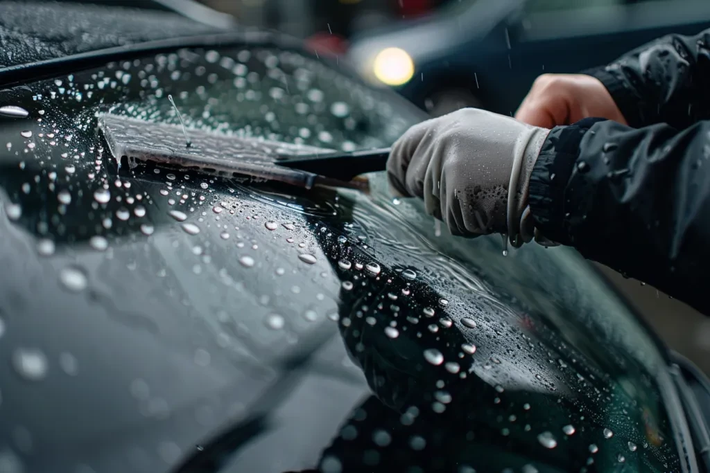 A person is using a squeegee to clean the window of their car