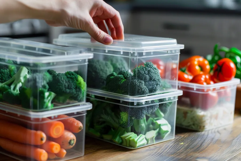A person is using an air tight storage container to store vegetables and fruits