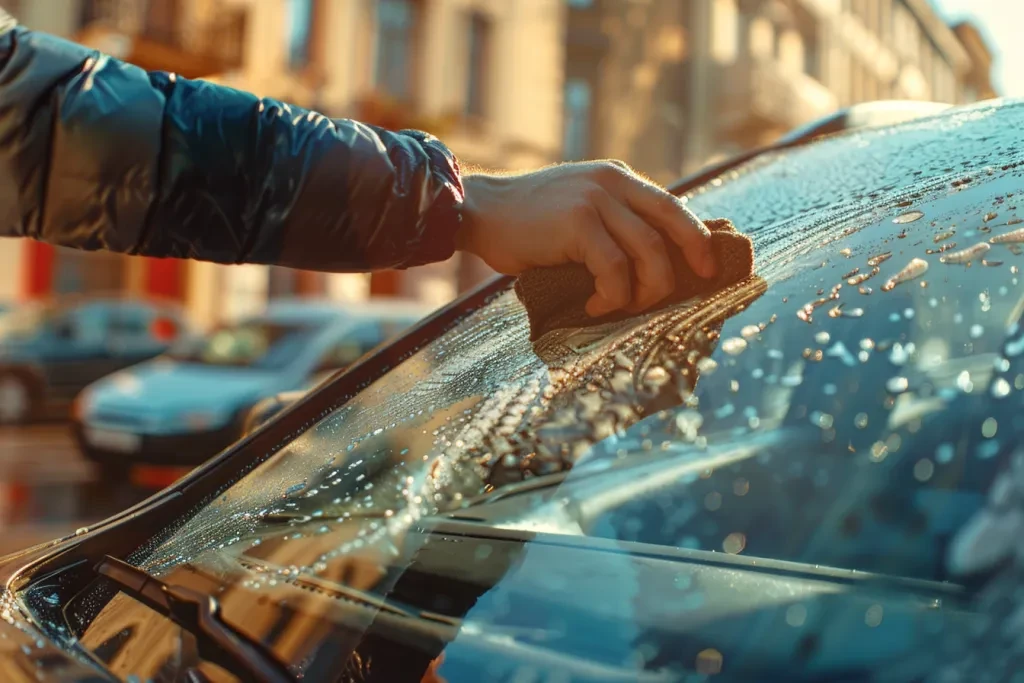 A person is using an microfiber cloth to clean the windshield of their car