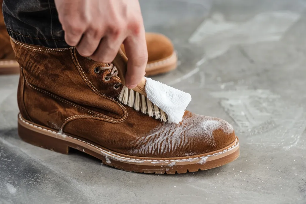 A person is using the shoe cleaning brush to clean their brown velvet boot