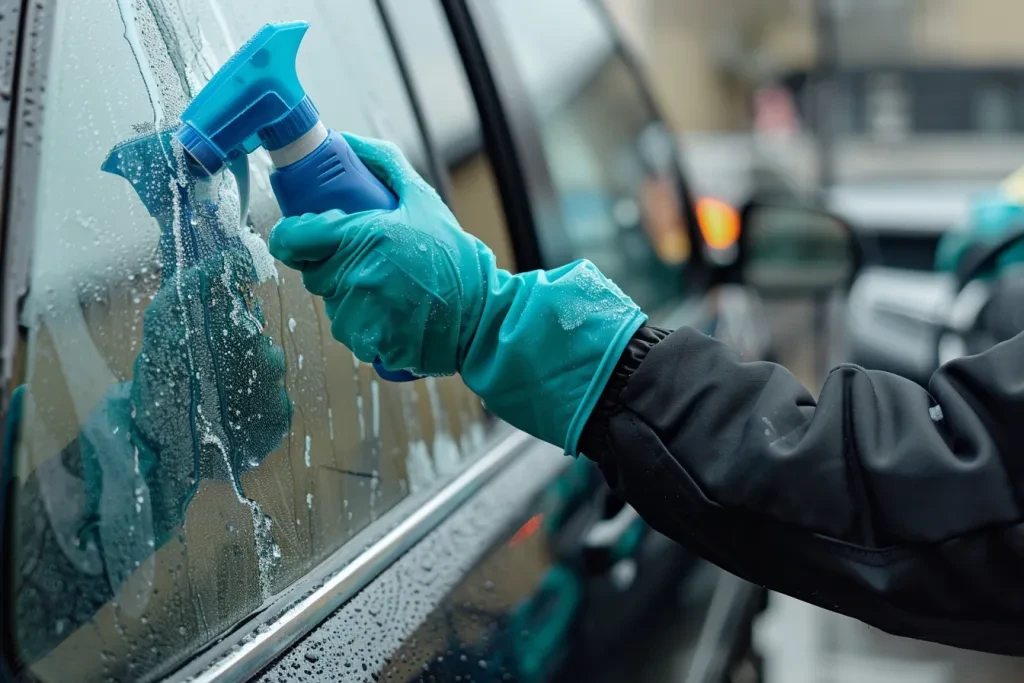 A person wearing green rubber gloves is cleaning the window of their car