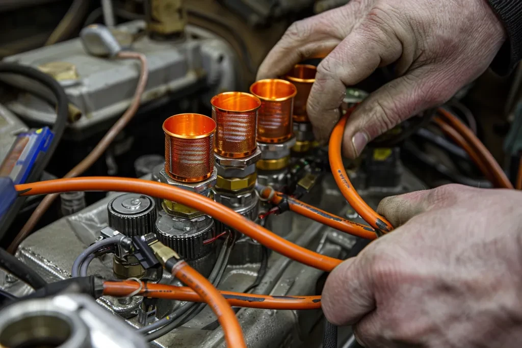 A photo of an auto mechanic's hand plugging in the wires