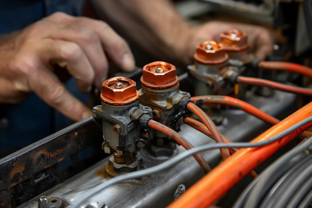 A photo of an auto mechanic's hand plugging