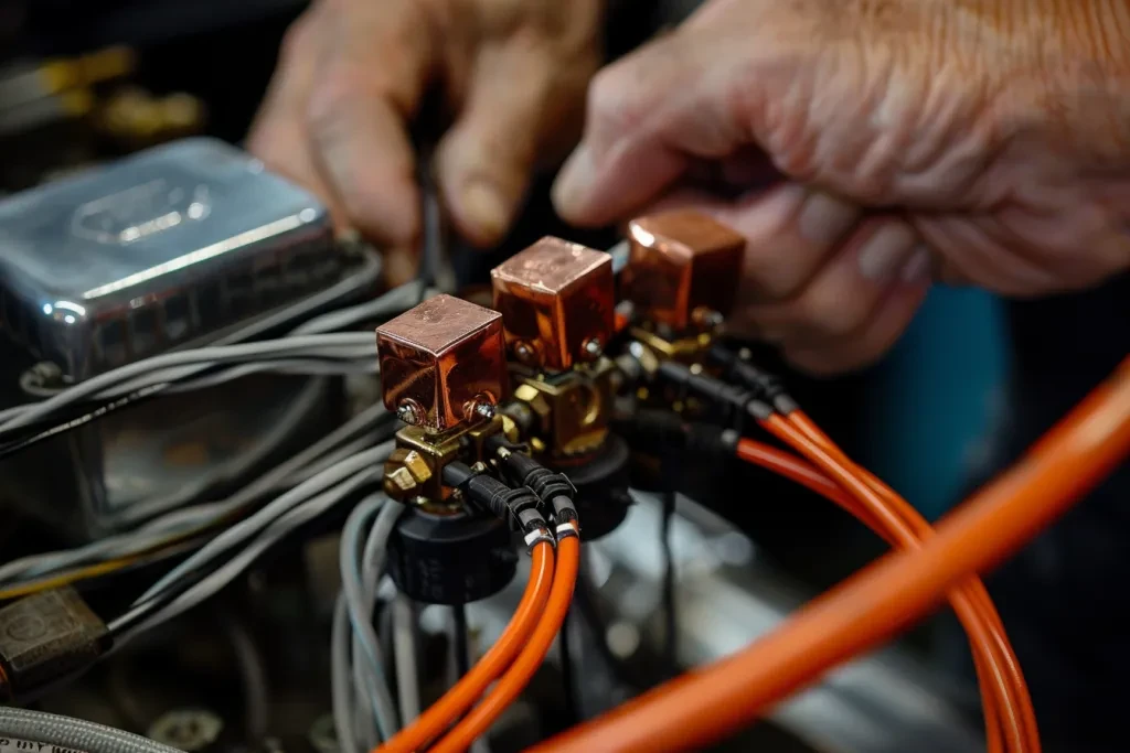 A photo of an auto mechanic's hand plugging