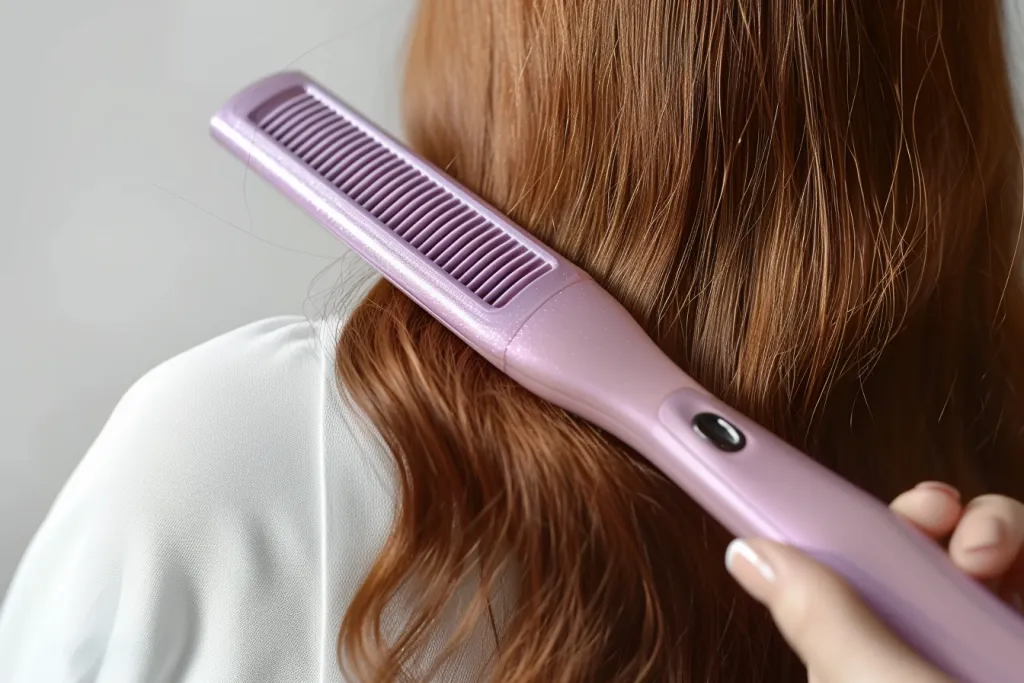 A photo of an electric hair straightener with lilac color