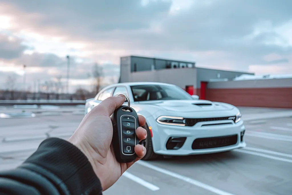 A photo of an man's hand holding car keys with a remote