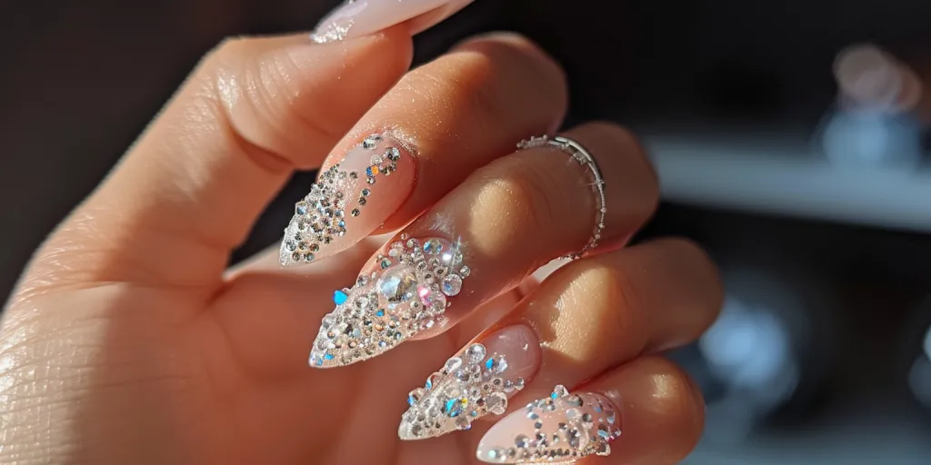 A photo of the hand with manicure decorated by small clear crystals