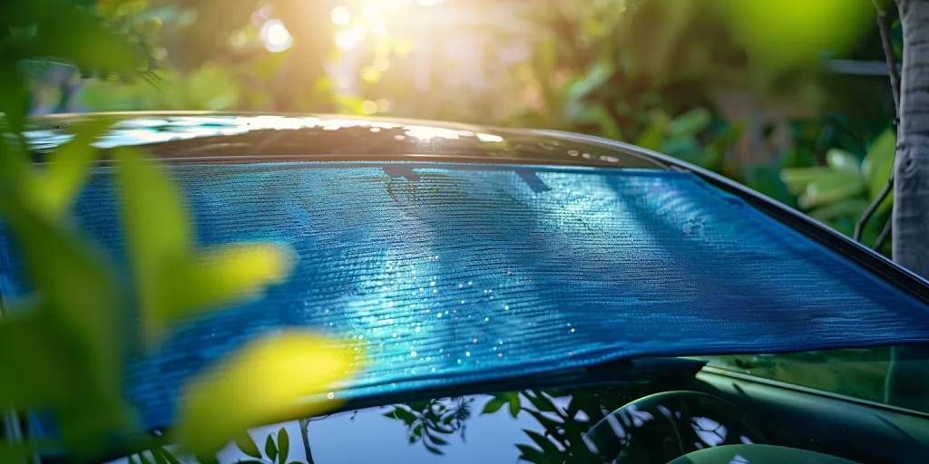 A photo of two blue sunshades on the windshield