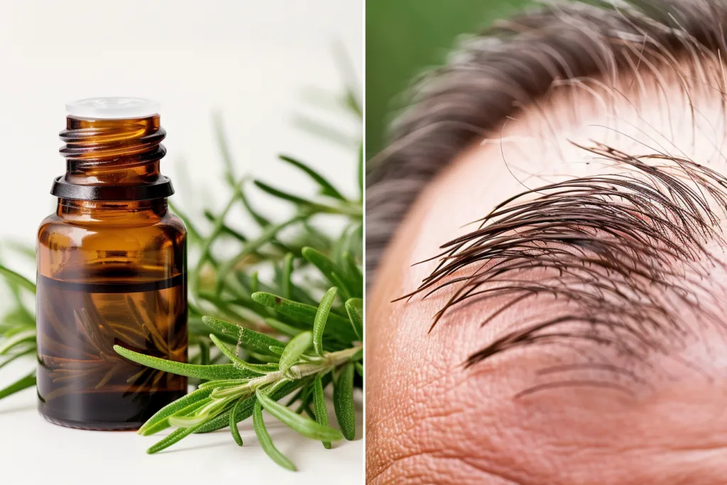 A photo shows an essential oil bottle with rosemary leaves next to it