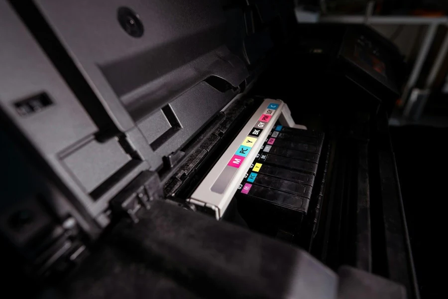 A picture of an opened inkjet printer