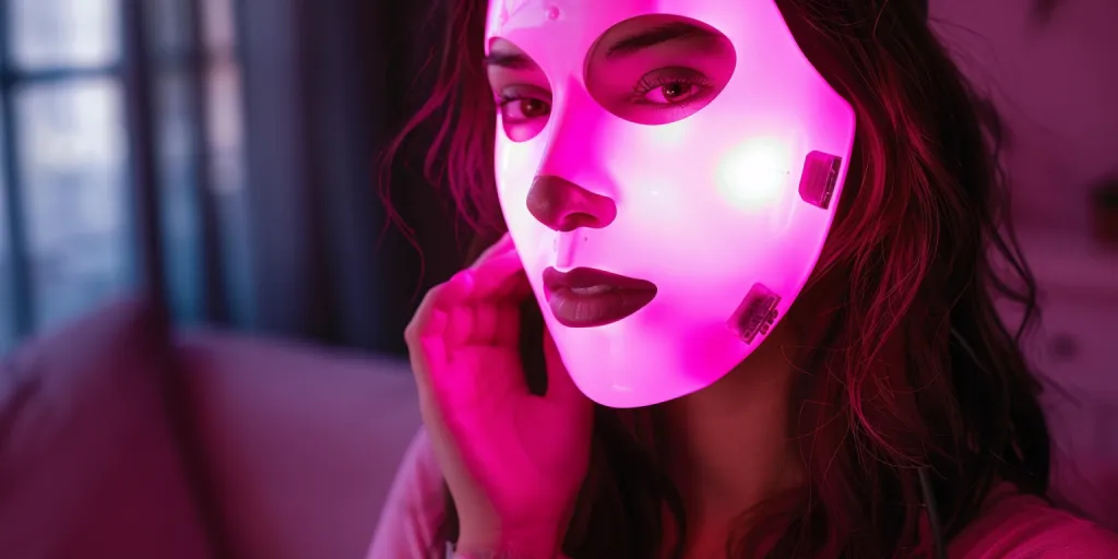 A pink LED light therapy mask being held by an attractive woman in her late thirties