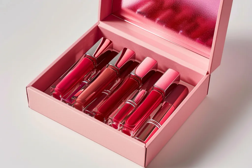A pink box with lip gloss and lipstick
