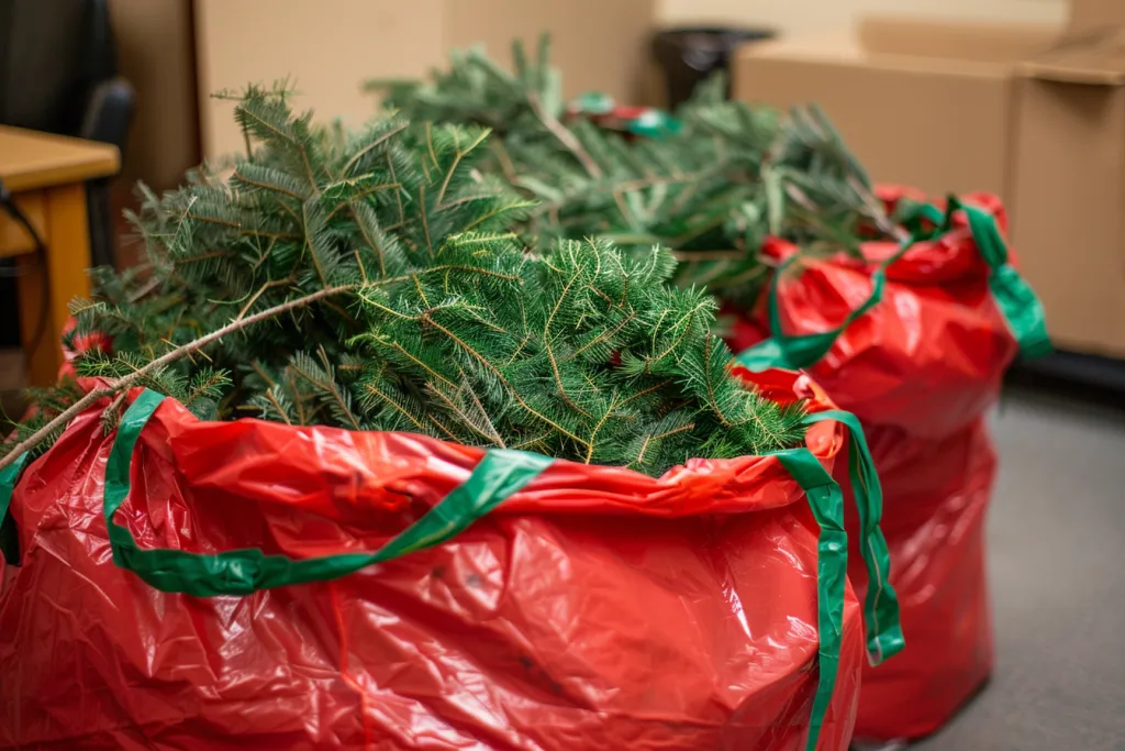 A red plastic tree bag filled with christmas trees on the table