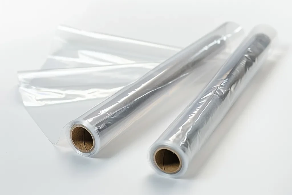 A roll of white transparent plastic wrap film