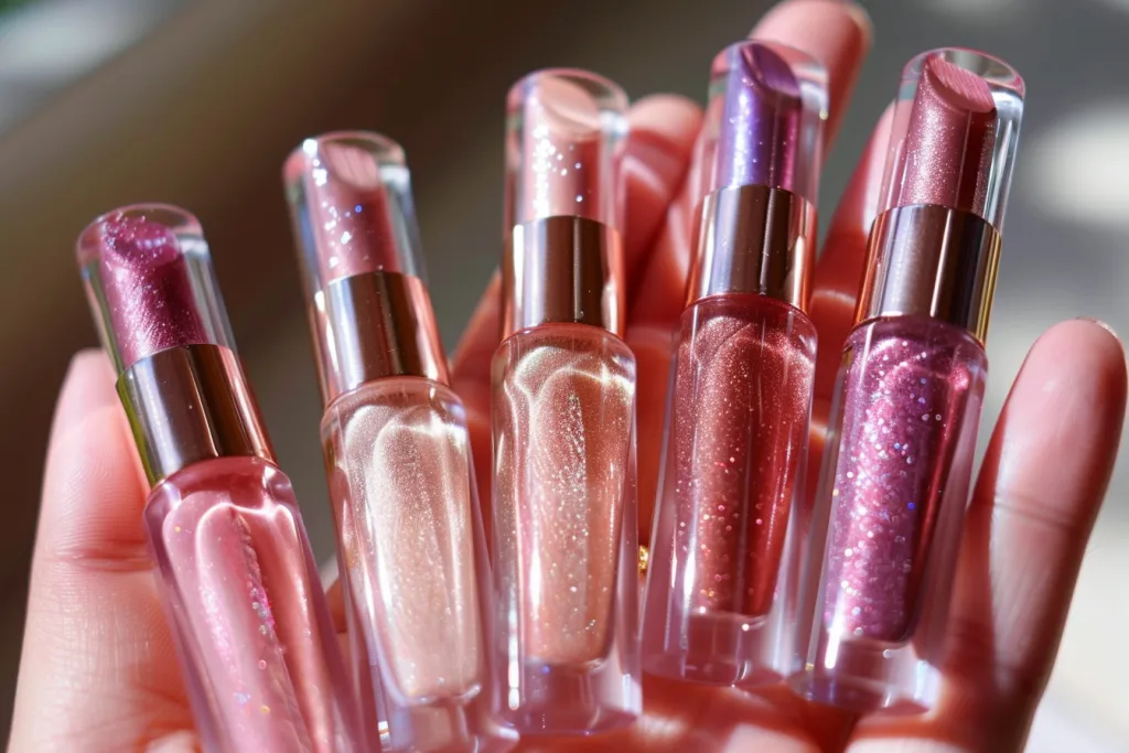A set of five transparent lip glosses in different shades of pink