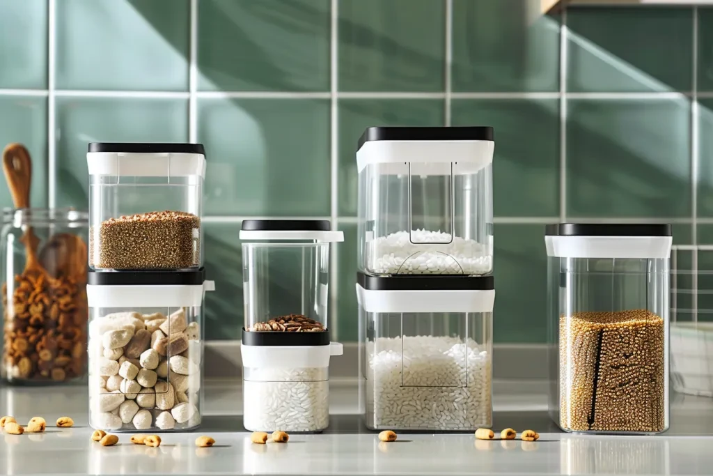 A set of food storage containers with white and black accents