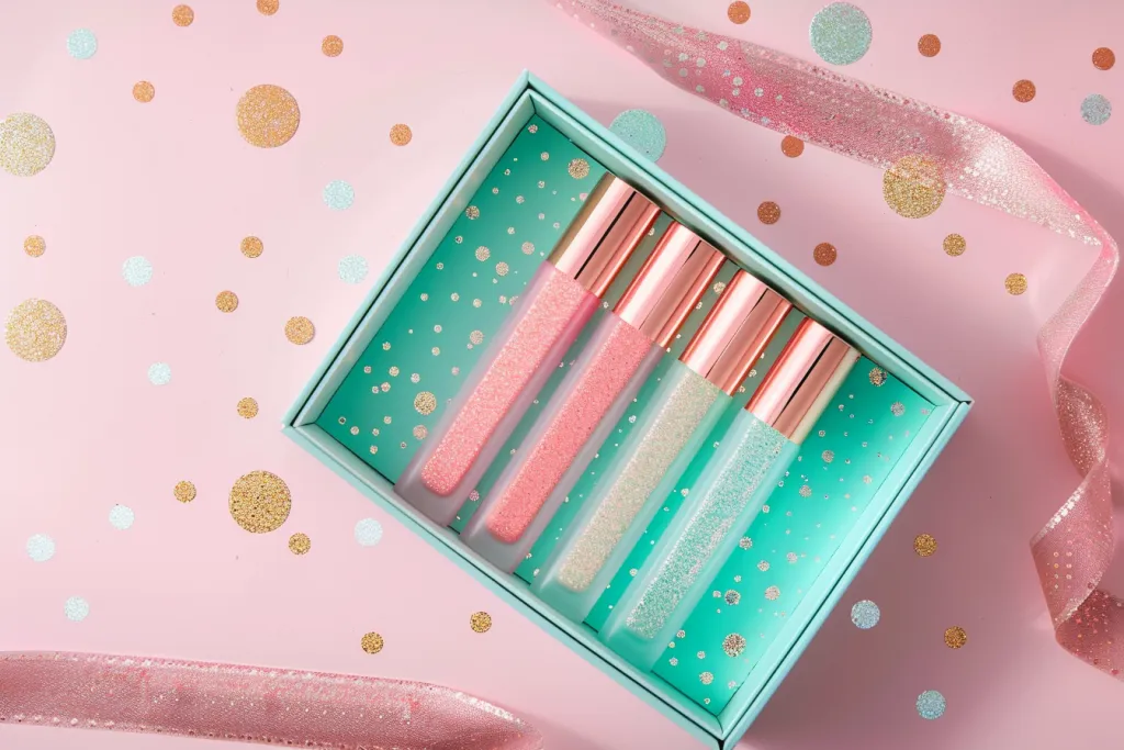 A set of lip gloss packaging in an open box