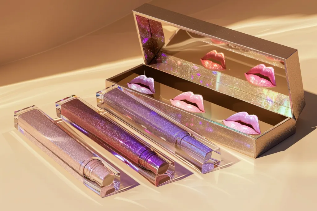 A set of lip gloss packaging with crystal accents in the shape