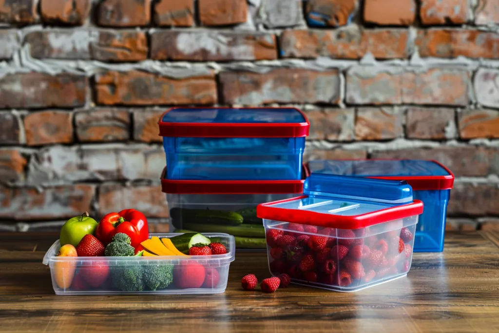 A set of plastic food storage containers with red