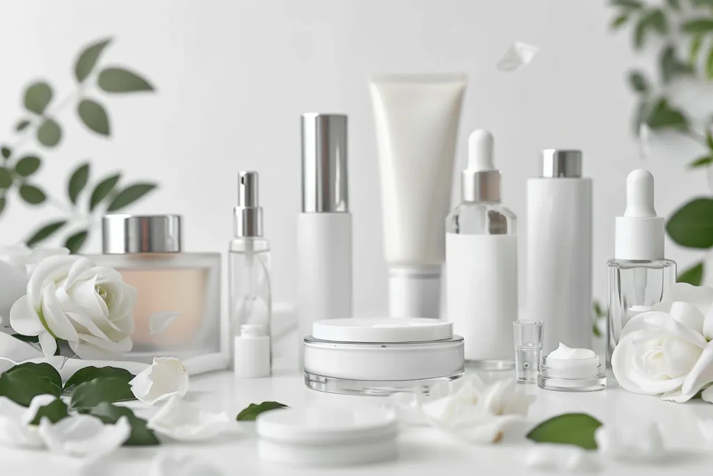 A set of white beauty products were on the table