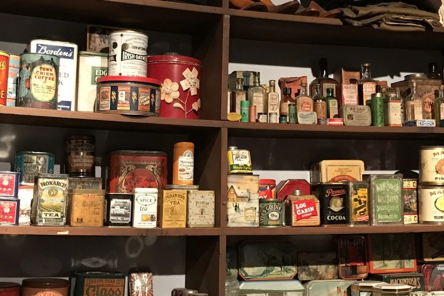 A shelf in retail store with tea and other items