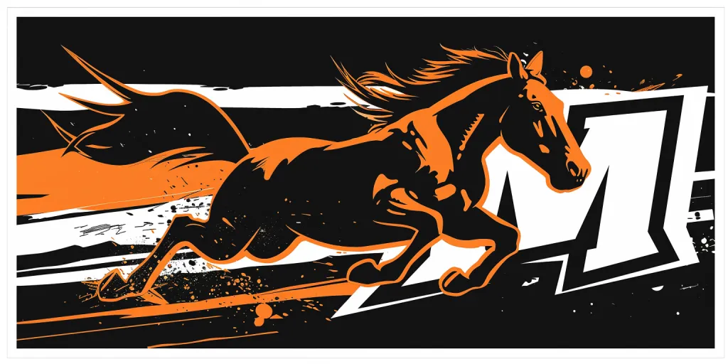 A sticker of the mustang logo with an orange and black background