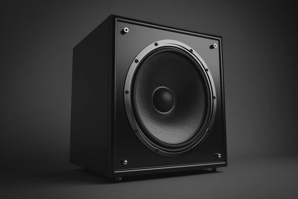 A subwoofer with black color and a large speaker