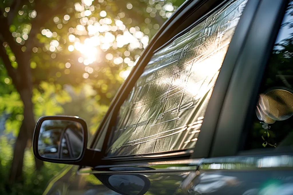 A sun shade is being used on the front window of an SUV