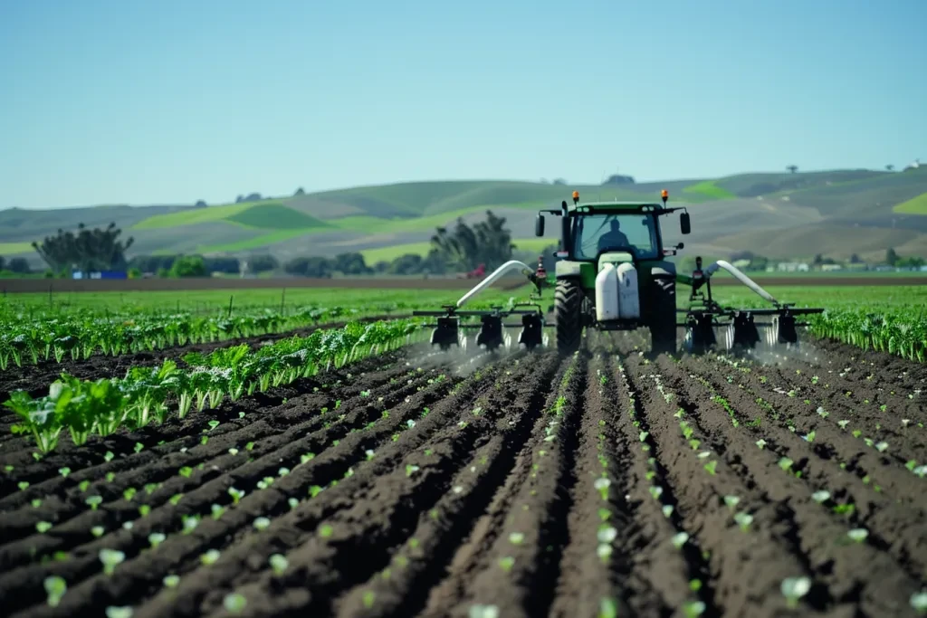 A tractor is driving on the field