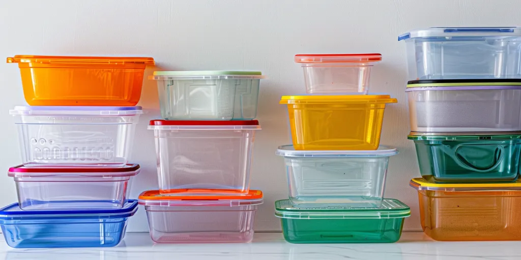 A variety of plastic food storage containers with different colors and sizes