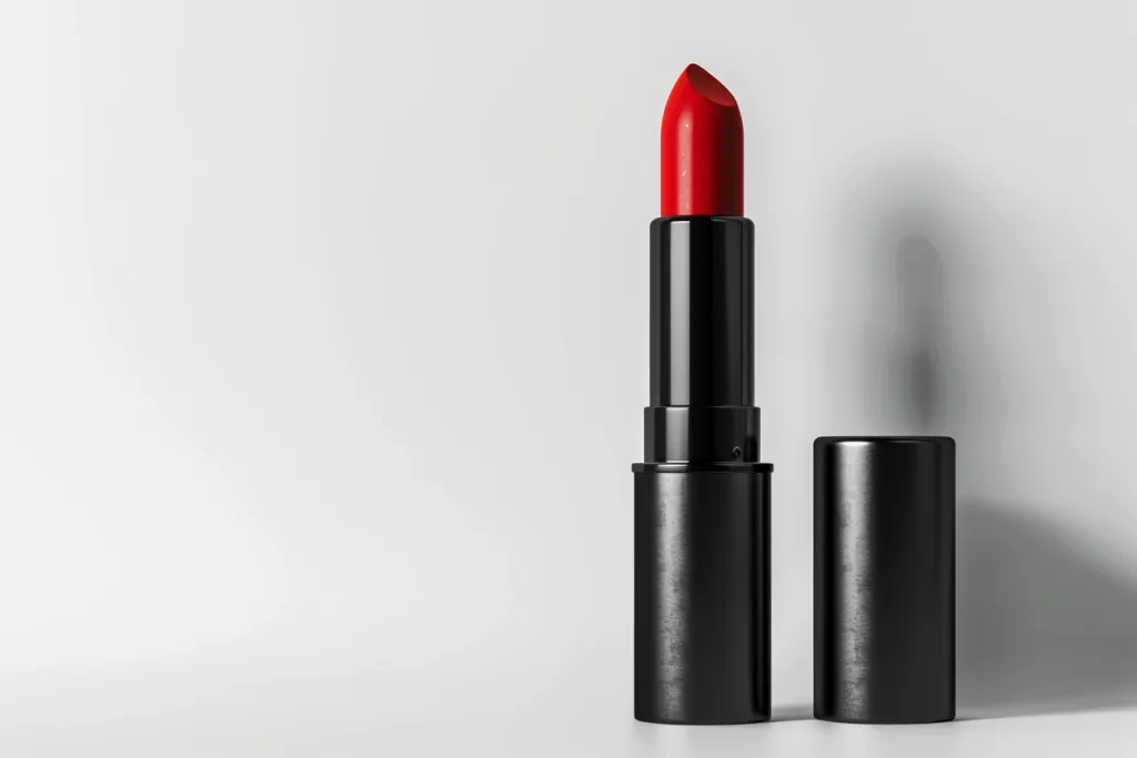 A vibrant red lipstick in its black tube