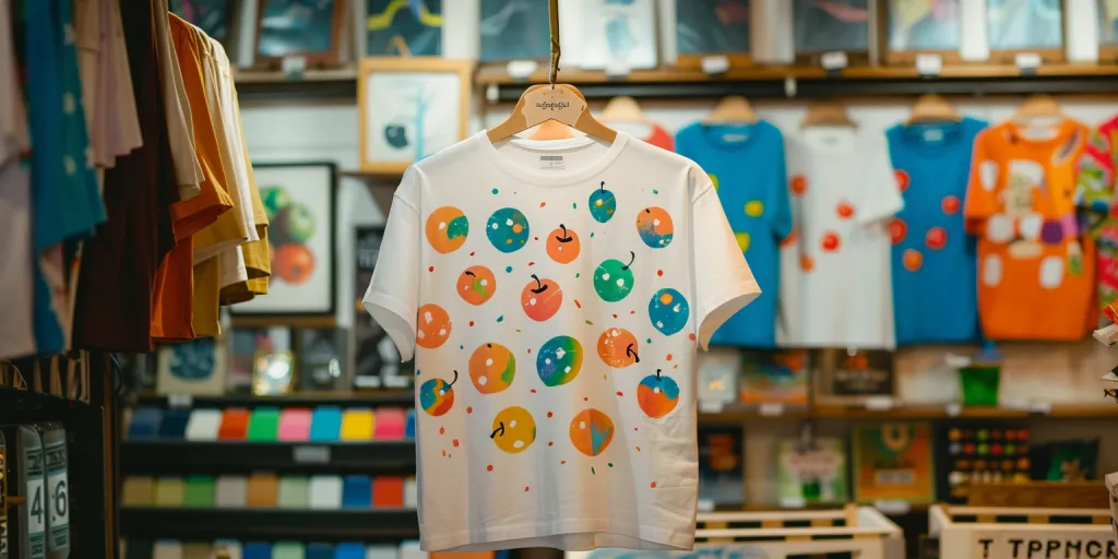 A white t-shirt with colorful apples on it