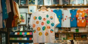 A white t-shirt with colorful apples on it