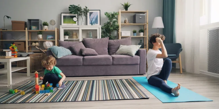 A woman and child are doing yoga in a living room