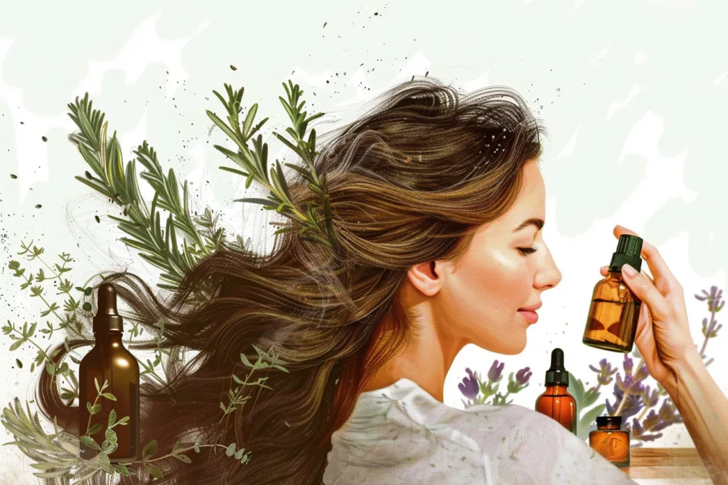 A woman applying essential oil to her hair