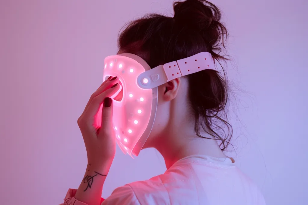 A woman holding a LED light therapy mask to her face