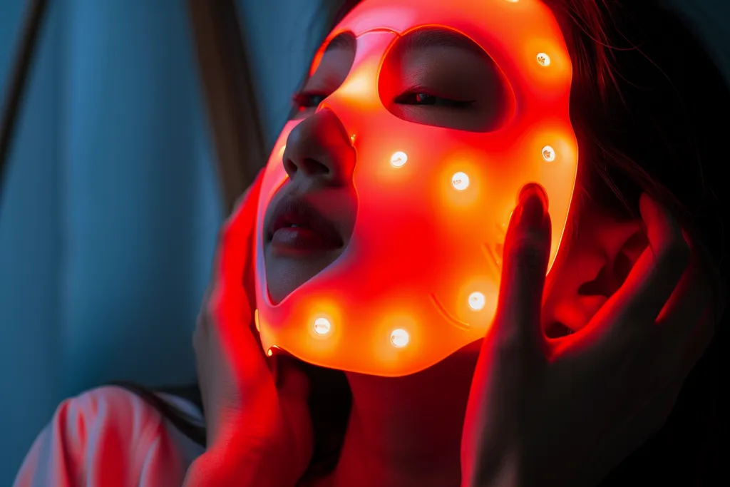 A woman holding an LED light therapy mask over her fac