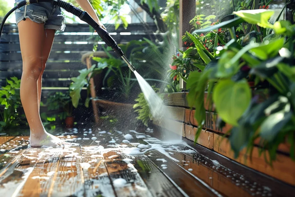 A woman in shorts and a short top using an electric high pressure washing machine to clean the wooden garden terrace