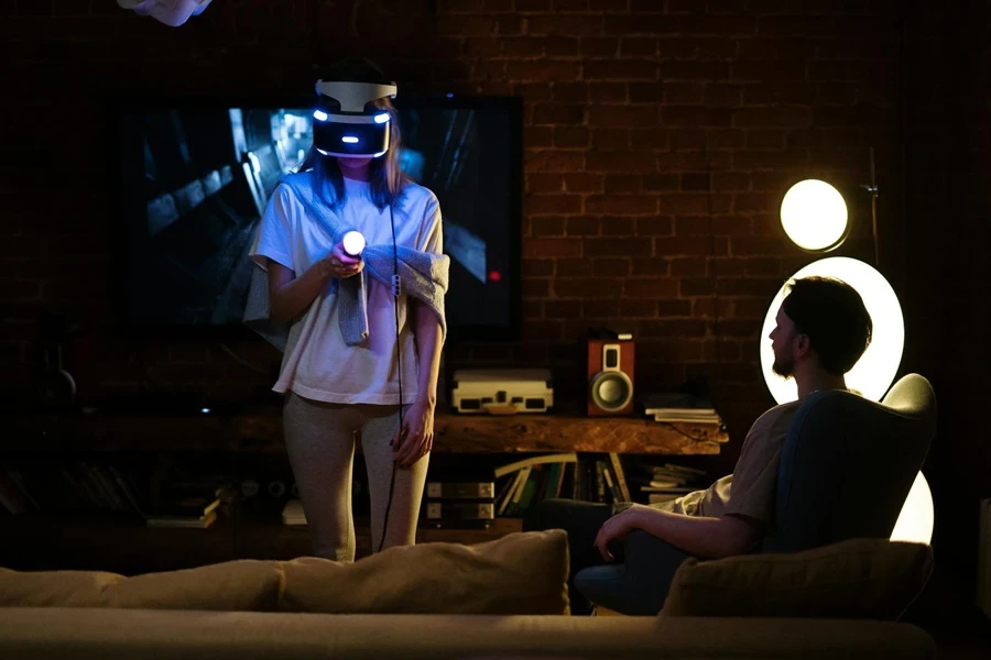 A woman is using a VR headset