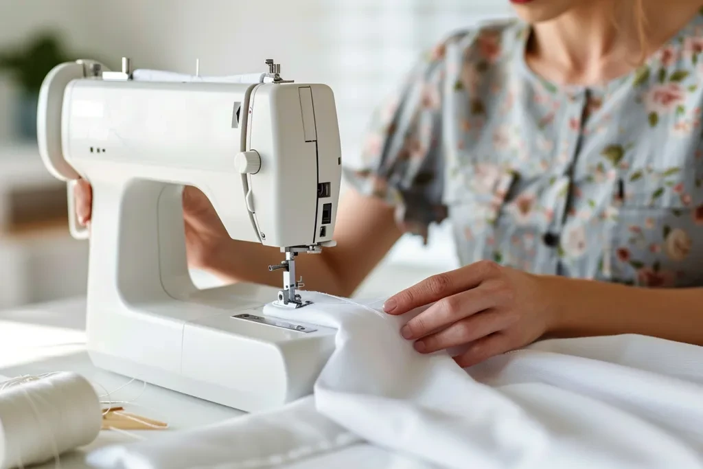 A woman is using her sewing machine to make