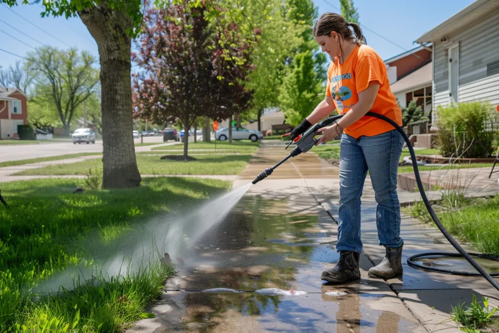 A woman using her high pressure washing machine to clean the sidewalk in front of their home