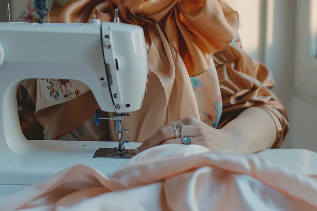 A woman's hand is sewing on a white kitchen table