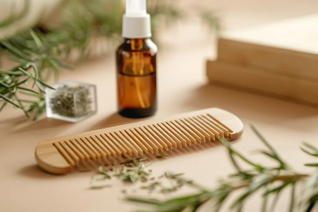 A wooden comb and hair oil bottle on a beige background