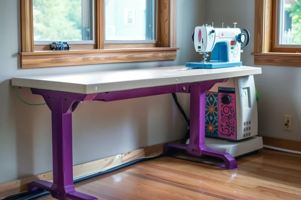 About two thirds of a sewing table with a white top and purple legs are shown