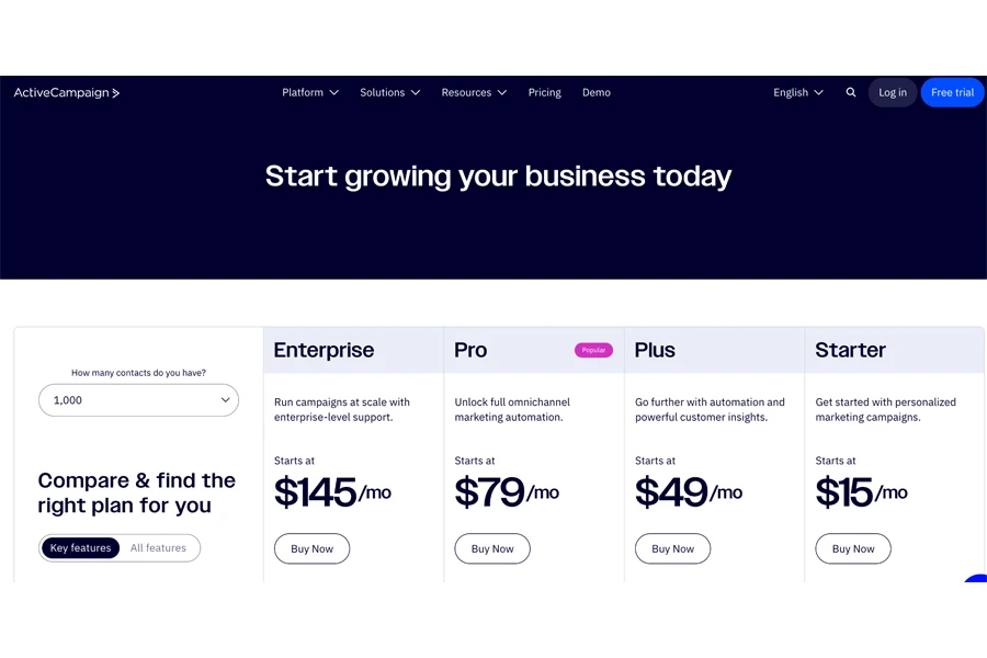 ActiveCampaign's pricing page with a value proposition