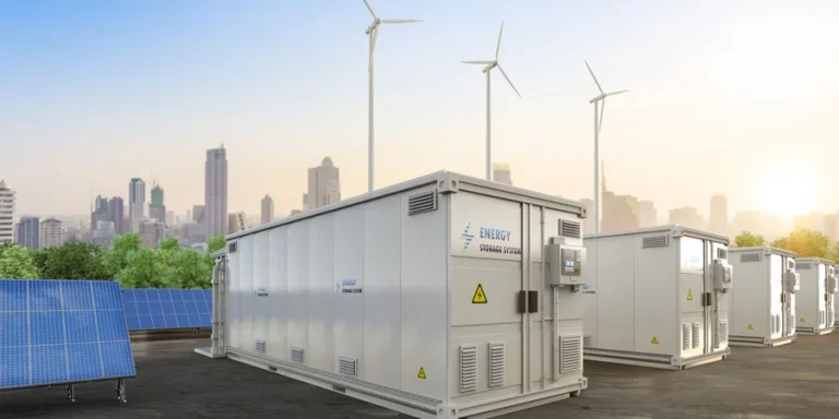 Amount of energy storage systems or battery container units with solar and turbine farm