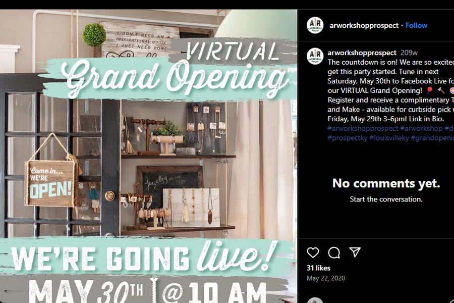 An Instagram post announcing a virtual grand opening