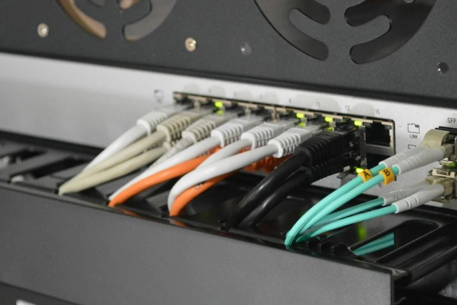 An activated network hub with ethernet cables plugged in